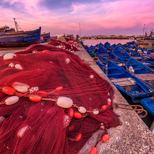 Sunset at blue hour at Essaouira port in Morocco.